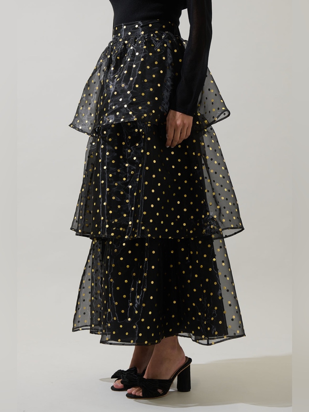 Sugar Lips NWT Tiered Black Maxi Skirt with Gold Polka Dots - Picture 3 of 16